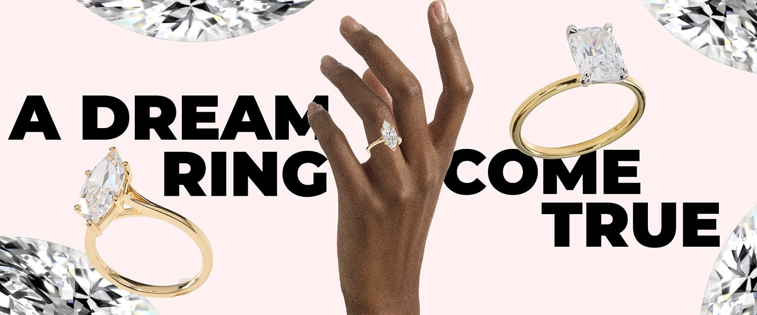 A diamond ring on a hand with words 'A Dream Ring Come True' and diamond accents.