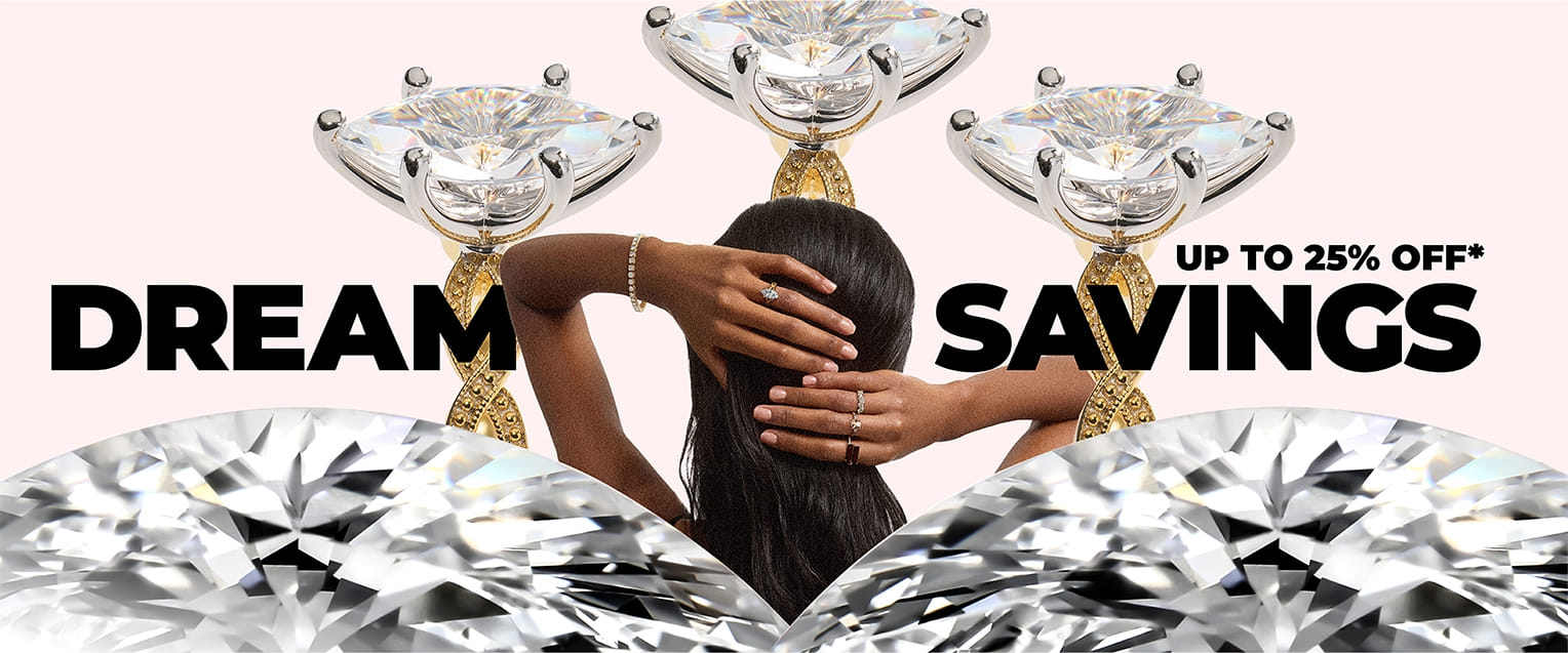 Woman with jewelry and diamond rings showcasing sale offer up to 25% off.