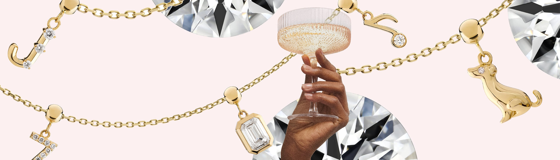 Elegant gold charms and diamonds with a hand holding a sparkling champagne glass.