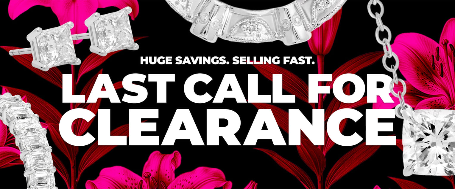 Clearance sale banner with jewelry and pink lilies, offering huge savings on items.