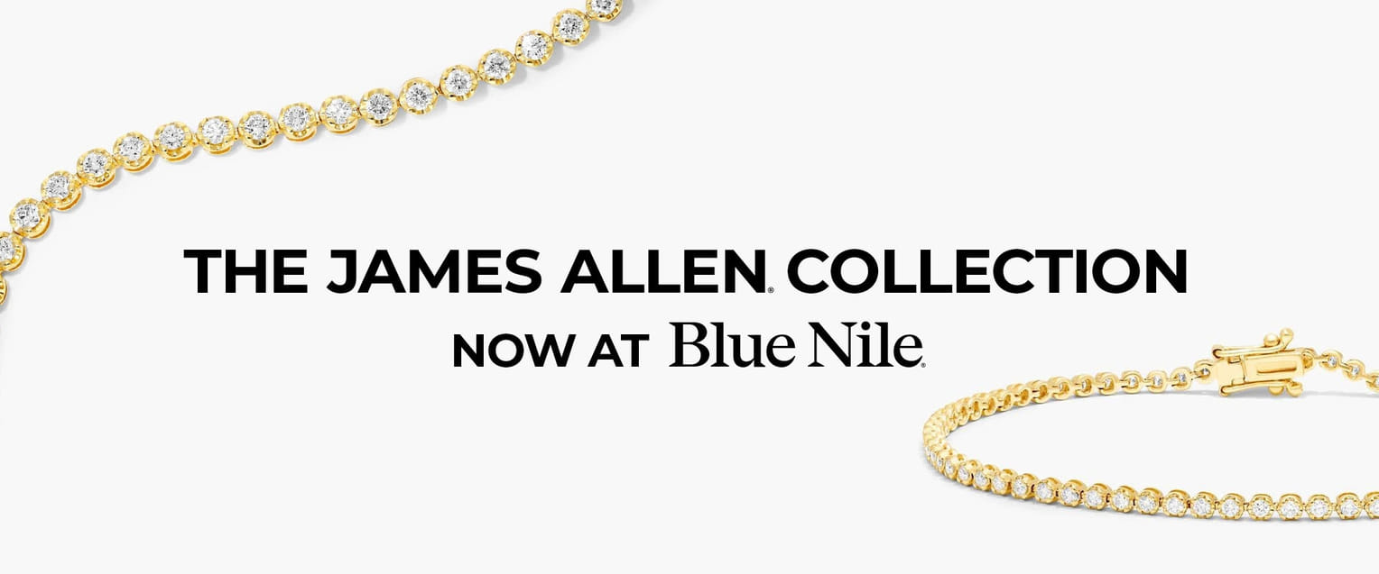 Gold diamond bracelet with text 'The James Allen Collection now at Blue Nile'.